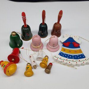 Vintage Lot of 14  Wooden Christmas Bell Hanging Ornaments Set